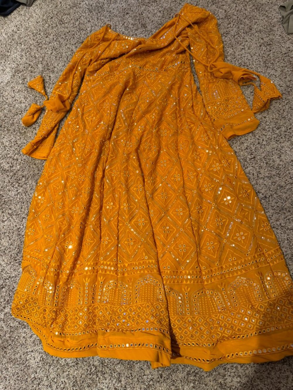 Kayara Label Mustard Yellow Anarkali Salwar Kameez Set M Sequin Dupatta Pants